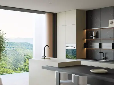 Living Room and Kitchen with Dinning Set Low-poly 3D model