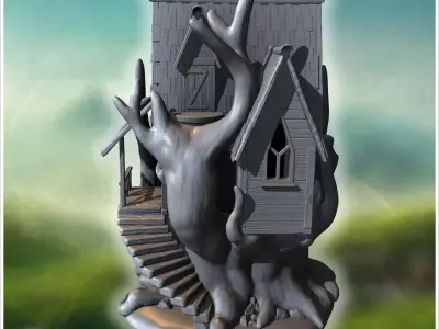 Gothic house elevated on twisted roots with steep rooflines and  3D print model