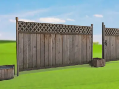 Fence with a gate made of wood and weaving PBR  3D Model Pack