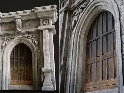 Medieval Wood Door with Stone Arch - Rigged and animated Low-poly 3D model