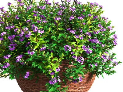 Hanging basket flowerpot rattan pot with flowers  3D model