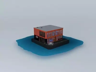 Houseboat orange building floating in water Free 3D model