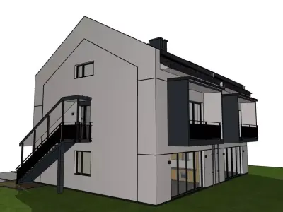 Semi Detached Duplex House 3D Model  Modern Two Unit Building 3D model