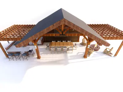 Rustic Timber Pavilion with Outdoor Kitchen 3D model