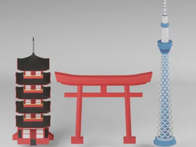Model of Japanese Pagoda Temple gate and modern Tower 3D model