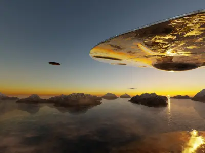 Procedural cloud sunset and spaceship 3D model