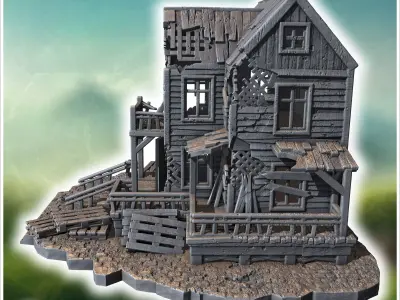 Ruined wooden tavern with broken balconies collapsed porch and d 3D print model