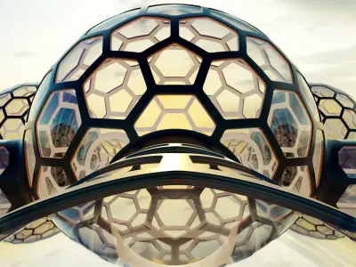 6 walkway connected glass hexagon sci fi spherical domes  3D model
