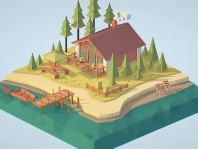 isometric old hunting lodge on the river Low-poly 3D model