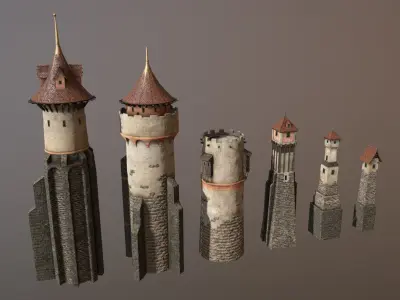 Medieval DRAGON Towers with general texture set 8k Low-poly 3D model