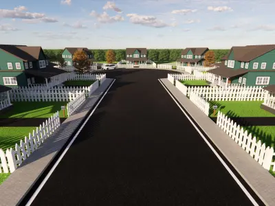 3D Neighborhood Model 5 street with houses and picket fence 3D model