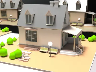 Countryside Cartoon Building with Backed Shadow Low-poly 3D model