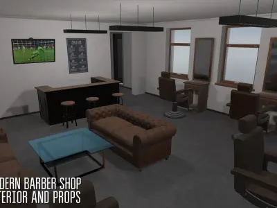 Modern barber shop - interior and props 3D model