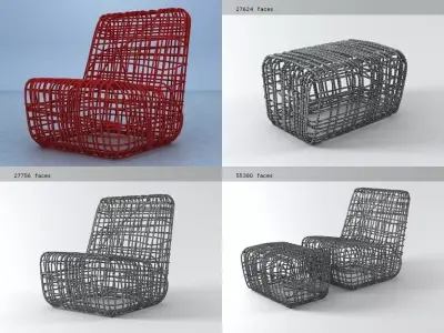 SuperElastica chair and stool made of rattan 3D model