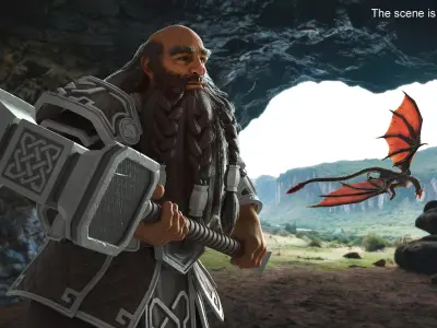  Dwarf Fighter with Hammer Rigged for Cinema 4D 