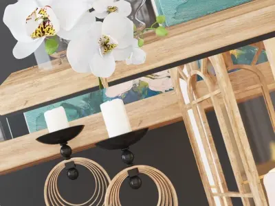 Decoration set wooden shelf with candles and potted plants 3D model