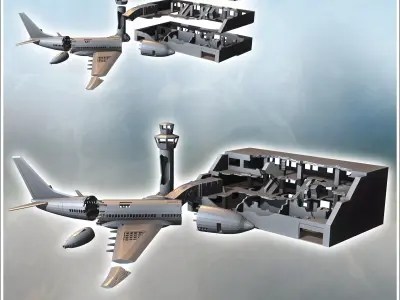 Destroyed modern airport with control tower and plane wreckage 1 3D print model