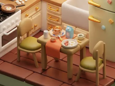 Isometric Stylized Cartoon Kitchen 52 items interior Pack Low-poly 3D model