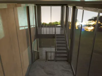 Staircase in a building with large windows Low-poly 3D model