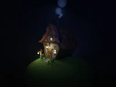 low poly cottage house on hill Low-poly 3D model
