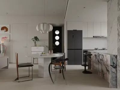 Modern living room dining room kitchen bedroom scene 3D model