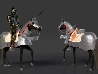  Medieval Horse in Armor with Knight Riding Fur 