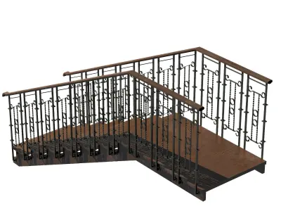 Stairs wooden staircase with metal railings 3D model