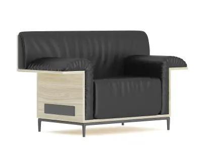 Black Leather Armchair with Wooden Back 3D model