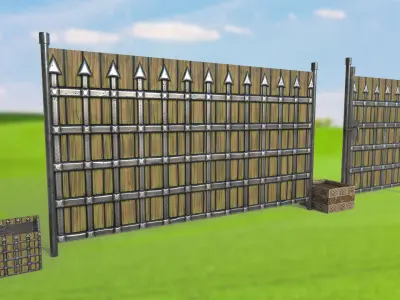 Fence with a gate made of wood and weaving PBR  3D Model Pack