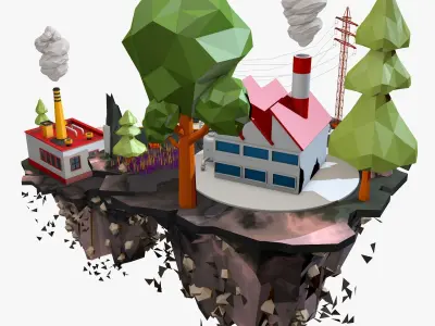 Floating Factory Island Low Poly 3D model