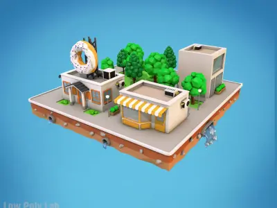 Cartoon City Block Dount Cafe Building Low-poly 3D model