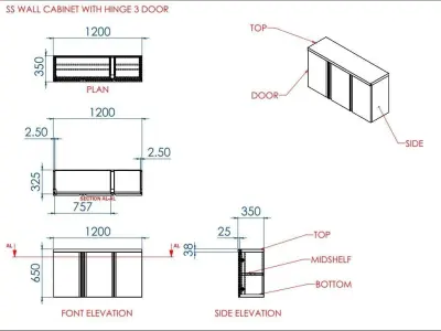 stainless steel wall cabinet with auto close hinged door  3D model
