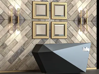 Reception wooden wall with four light fixtures 3D model