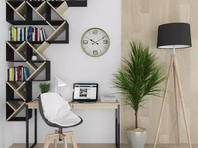 Workplace home office with bookshelves Low-poly 3D model
