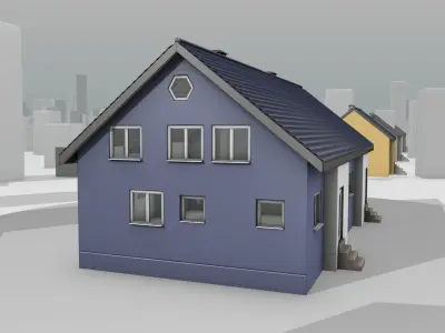 City House -19- Double-House - Roof blue - Wall blue white Low-poly 3D model