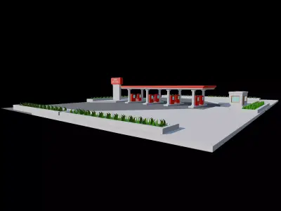 Stylized Gas Station Environment with Fuel Pumps and Canopy Low-poly 3D model
