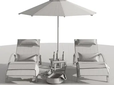 Beach umbrella and chaise longue set 4 3D model