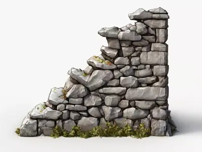 Stylized Crumbling Stone Wall Section Low-poly 3D model