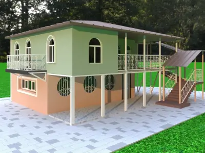 house with stairs and grass 3D model