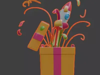 Stylized Cartoon Gift Box with Fireworks Rocket 3D Model Low-poly 3D model