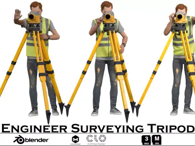 Engineer Surveying Tripod in 3 poses-not rigged Low-poly 3D model
