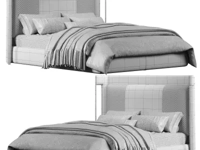 Beige Microfiber Leather Upholstered Bed with Wingback 3D model
