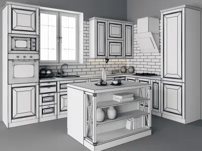Classic kitchen with island and with sink under the window  3D model