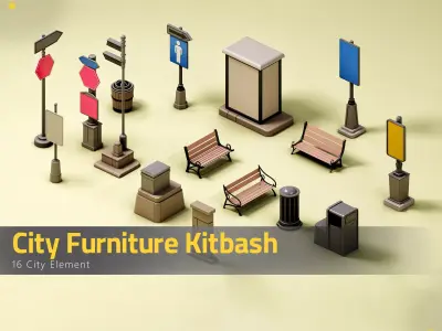 16 City Furniture - Kitbash Low-poly 3D model