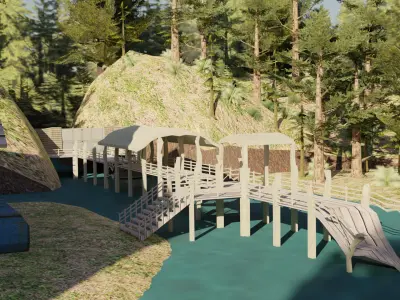 A Rustic Countryside Farm with Windmill and Riverside Barn 3D model