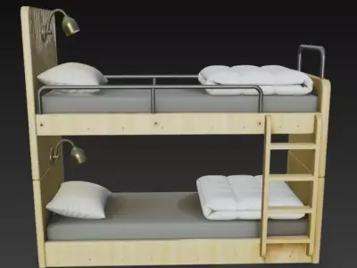Modern Wooden Bunk Bed Hostel Bed with Ladder and Reading Lamps 3D model