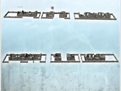 Set of five European houses and walls ruined version - World War 3D print model