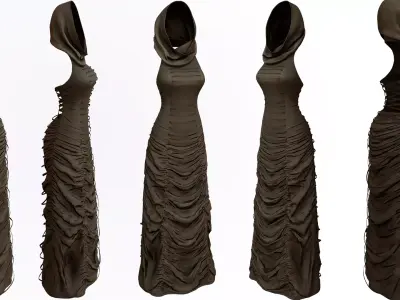 Textured Long Wrinkled Ruffled Hooded Dress Low-poly 3D model