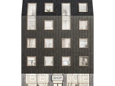 Modern residential facade 02  at night with simple interiors 3D model