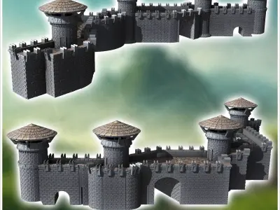 Set of modular stone medieval walls with roof towers 23 - Mediev 3D print model
